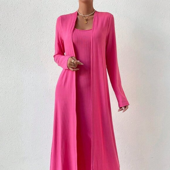 . Dresses & Skirts - Pink Casual Womens Solid Cami Dress & Open Front Coat